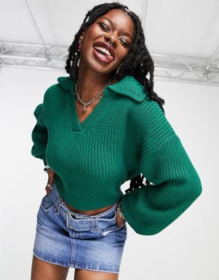 Signature 8 knitted collar jumper in green