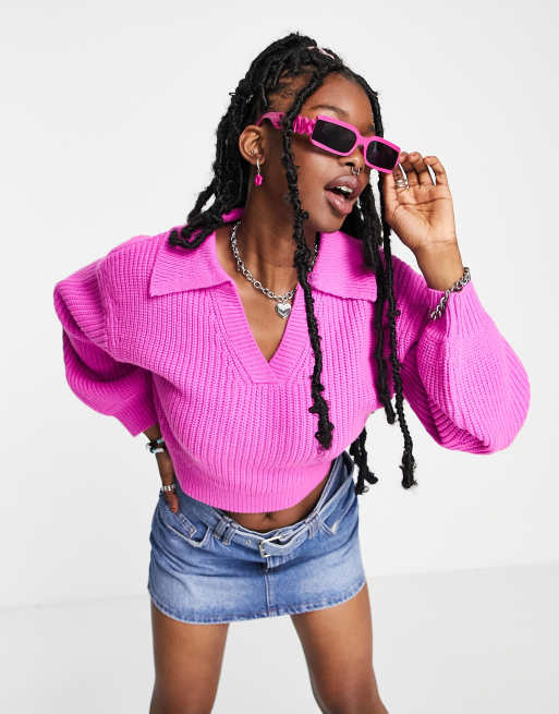 Signature 8 knitted collar jumper in pink