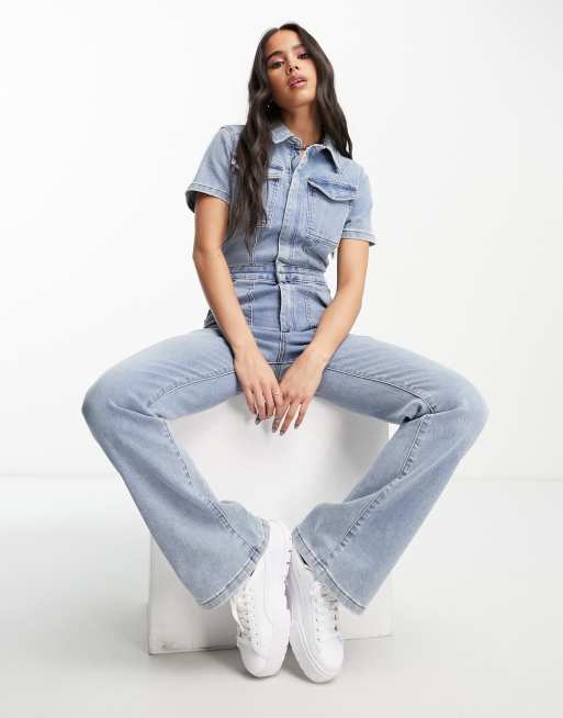 Signature 8 – Mellanblå, tvättad jumpsuit med vida ben 