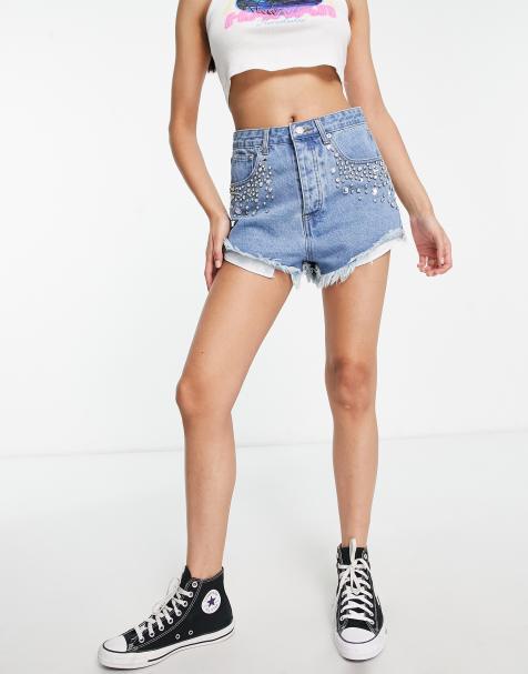 Signature 8 - Mellemvaskede denimshorts med pyntet lommekant og rå kanter - view 1