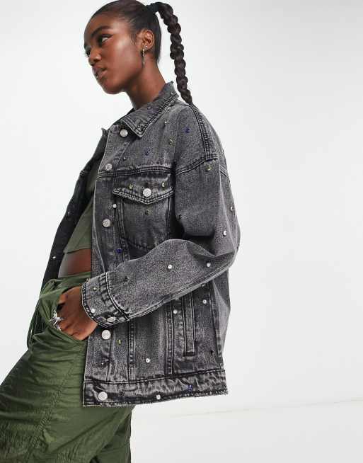 Signature 8 - Oversized denim jack met versiering in zwart met wassing, deel van co-ord set