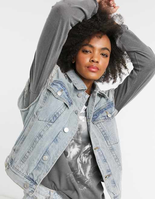 Signature 8 oversized sleeveless denim jacket with diamante fringing in light wash