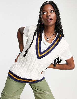 Signature 8 oversized varsity cable knit vest in cream