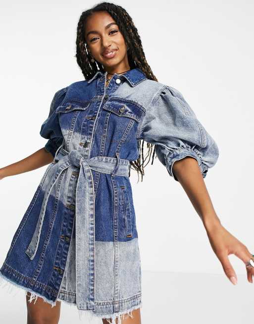 Puff sleeve denim dress-