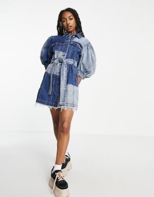 Signature 8 patchwork puff sleeve denim dress in mid wash