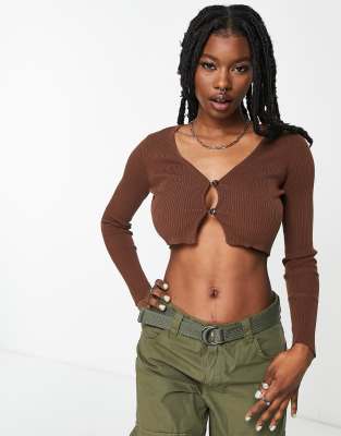 ribbed cropped cardigan in brown