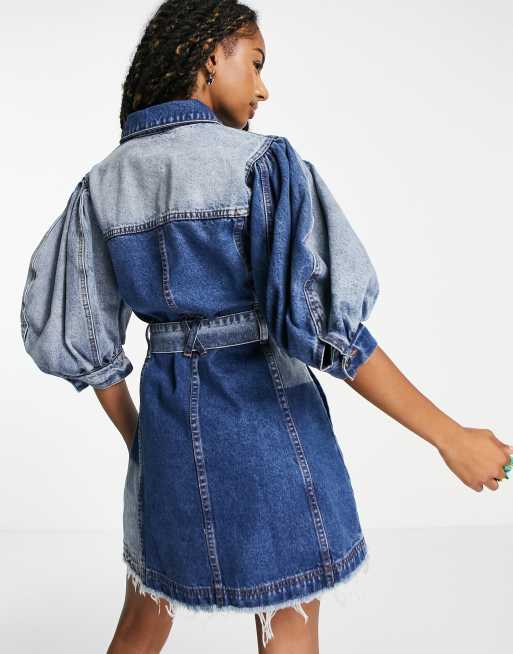Signature 8 - Robe en jean effet patchwork à manches bouffantes - Délavage moyen, 4 de 4