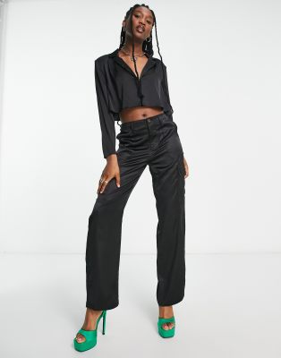 A Step Above Average Satin Cargo Pants (Black)