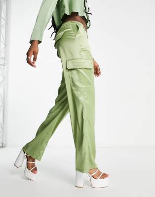 satin straight leg cargo pants in green