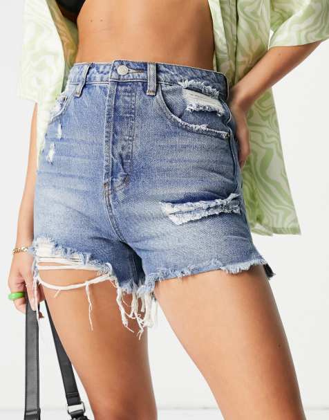 Signature 8 - Short en jean à taille haute et déchirures - Délavage moyen - view 1