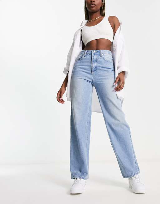 Object cotton wide leg dad jeans in mid blue wash - MBLUE