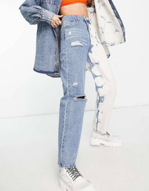 Signature 8 - Tweekleurige jeans met wijde pijpen en scheuren in gebleekte blauwe wassing 