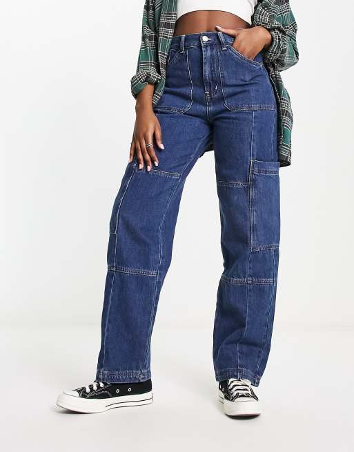 Blue Mid Rise Acid Wash Utility Denim Joggers