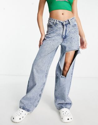 Signature 8 v rise embellished ripped jeans in mid wash - ASOS Price Checker