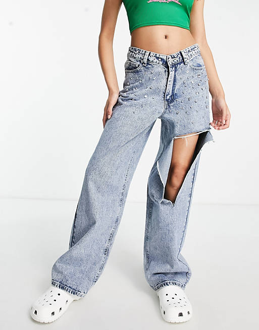 Signature 8 v rise embellished ripped jeans in mid wash | ASOS
