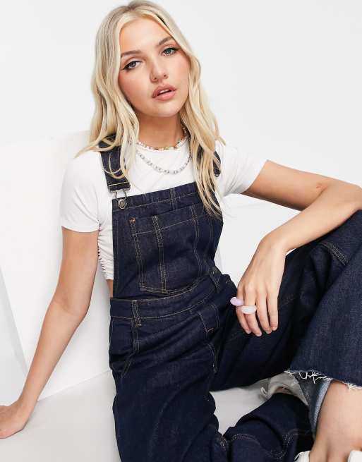 Signature 8 wide leg denim dungarees in dark wash blue