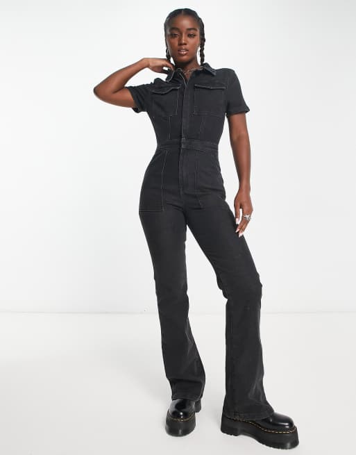 Signature 8 wide leg denim jumpsuit in black