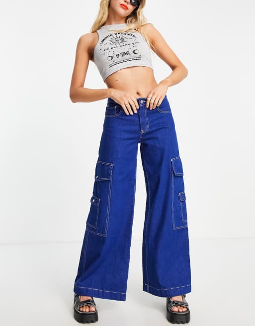 Signature 8 wide leg utility jeans in dark wash blue