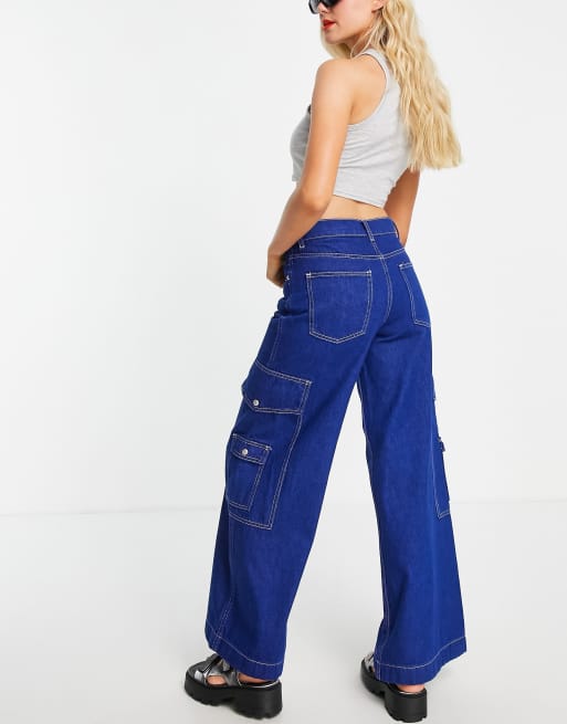 Signature 8 wide leg utility jeans in dark wash blue