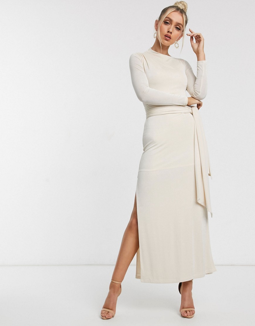 Significant Other Sabine Slinky Collumn Maxi Dress With Tie Waist In Cream