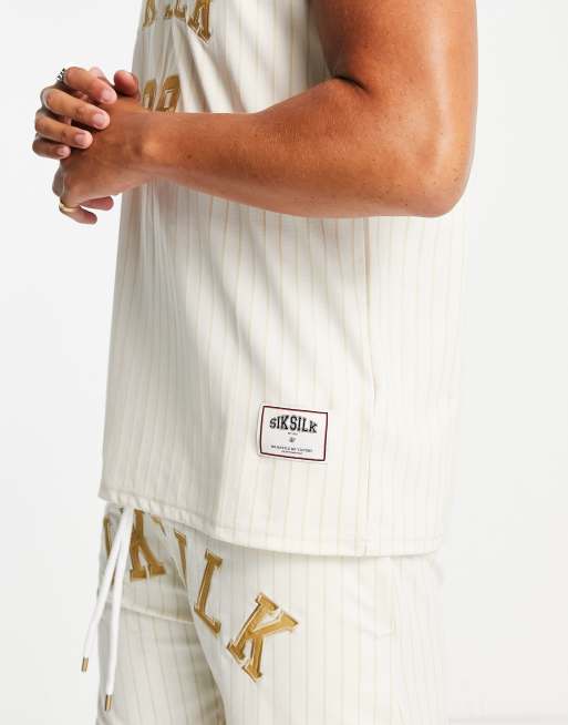 Siksilk basketball tank top in beige with pinstripe and varsity print -  part of a set