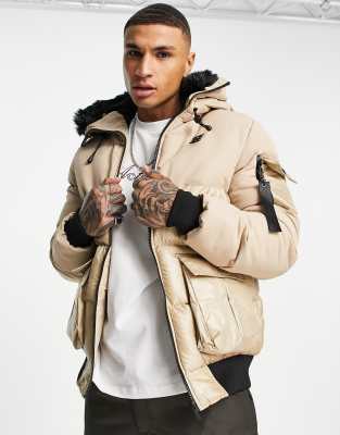 SikSilk – Beżowa kurtka ocieplana z kapturem z imitacją futra