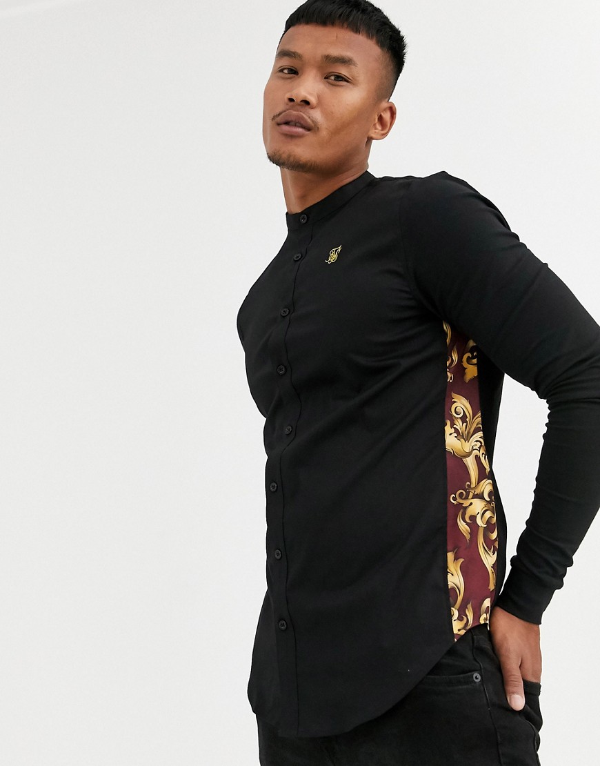 SikSilk - Camicia attillata a maniche lunghe nera con stampa laterale-Nero