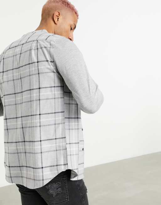 SikSilk Camicia con collo serafino in flanella a quadri con maniche a contrasto ASOS