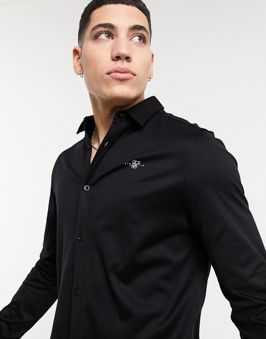 SikSilk - Chemise boutonnée en coton à manches longues - Noir
