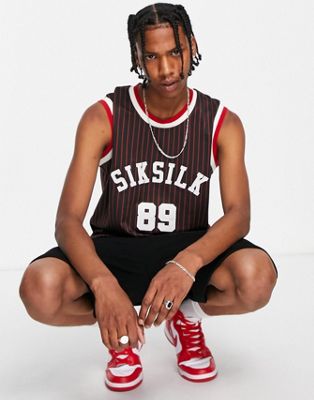Siksilk co-ord basketball vest in black with red pinstripe and varsity print