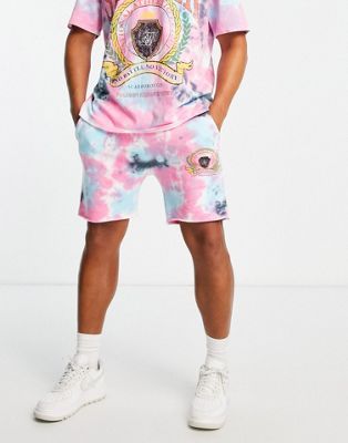 Siksilk co-ord jersey shorts in pink tie dye with varsity print