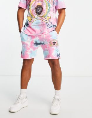 SikSilk Siksilk co-ord jersey shorts in pink tie dye with varsity print-Multi