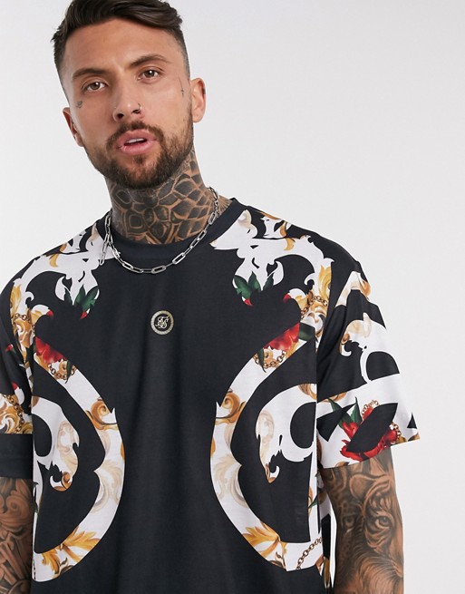 SikSilk co-ord oversized t-shirt in black with baroque print