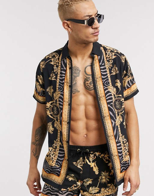 SikSilk co-ord short sleeve shirt in black with baroque print