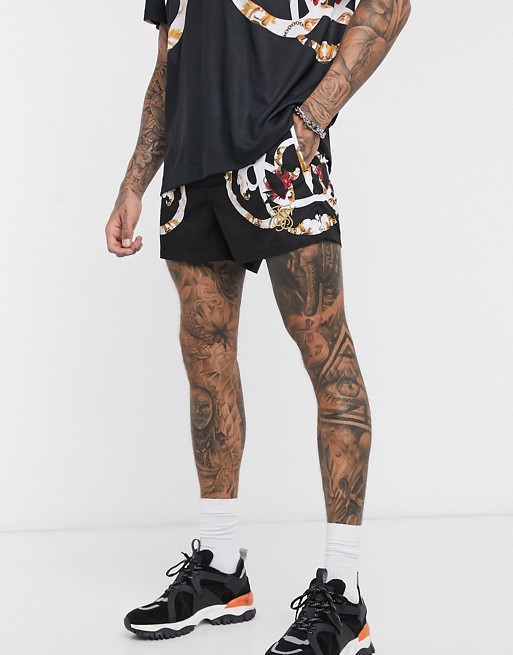 SikSilk co-ord swim shorts in black with baroque print