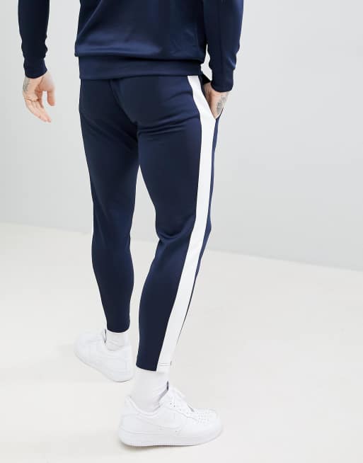 Navy blue joggers hot sale with white stripe