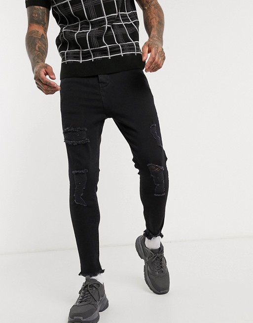 SikSilk cropped skinny jean with raw hem and rips in black