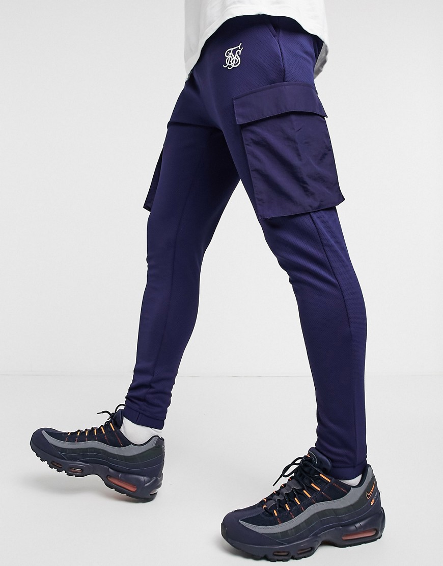Siksilk crushed nylon cargo joggers in navy