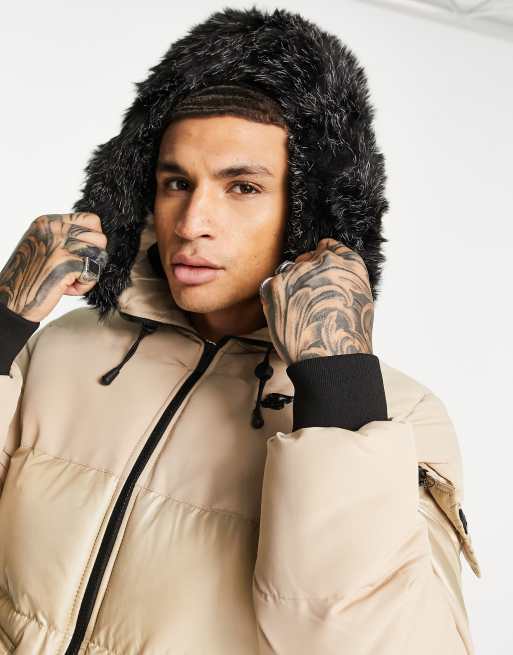 SikSilk - Distance - Gewatteerd jack met capuchon van imitatiebont in beige, 3 van 4