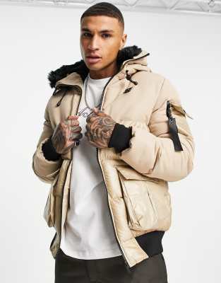 SikSilk distance padded jacket with faux fur hood in beige - ASOS Price Checker