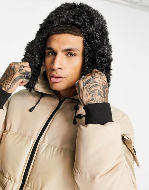 SikSilk distance padded jacket with faux fur hood in beige