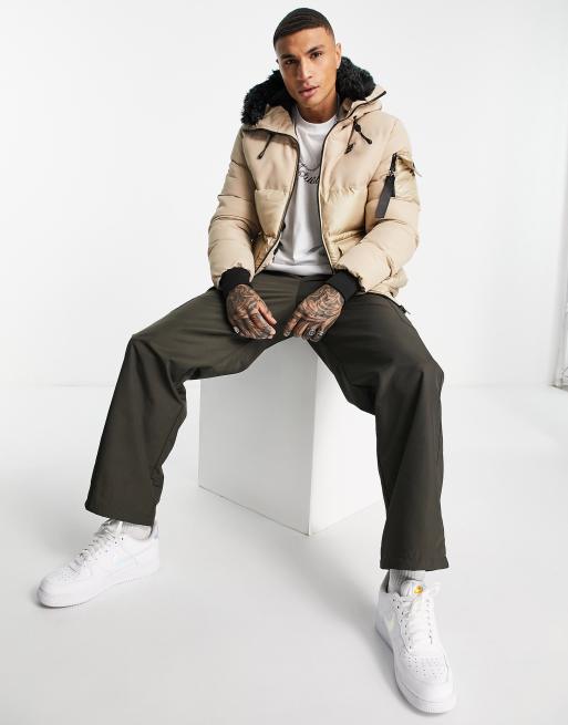 SikSilk distance padded jacket with faux fur hood in beige, 4 of 4