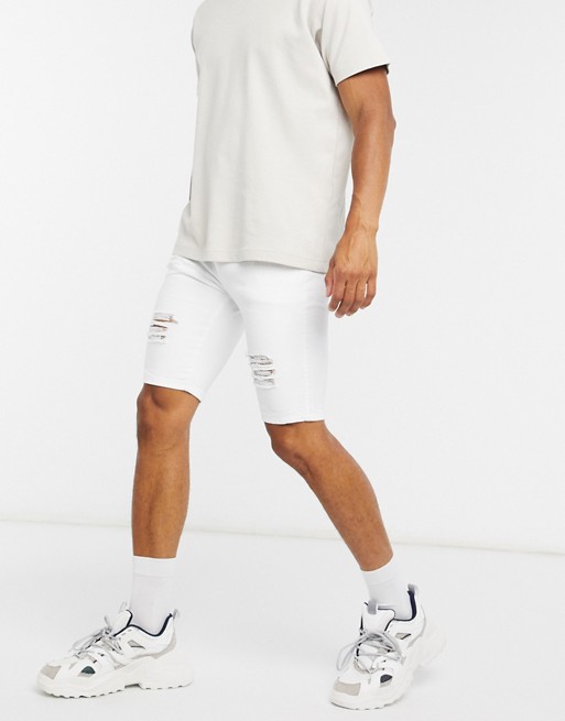 Siksilk elasticated waist distressed denim shorts in white