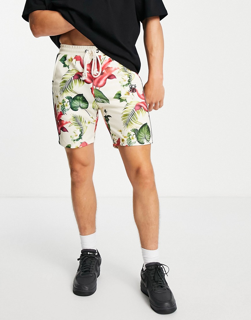 SikSilk floral football shorts in beige-Neutral