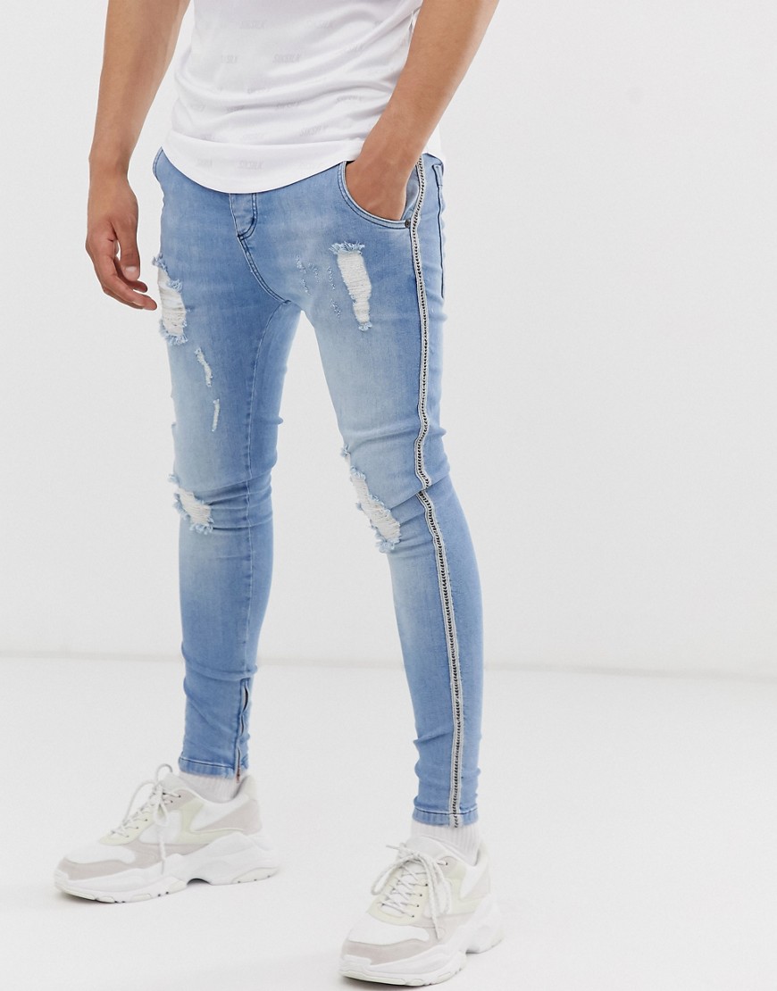 SikSilk - Jeans super skinny lavaggio chiaro con dettaglio laterale-Blu