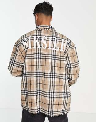 Siksilk long sleeve flannel shirt in checked beige-Neutral