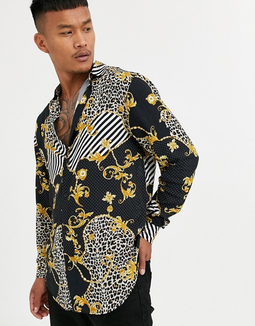 SikSilk long sleeve shirt in black and gold animal print
