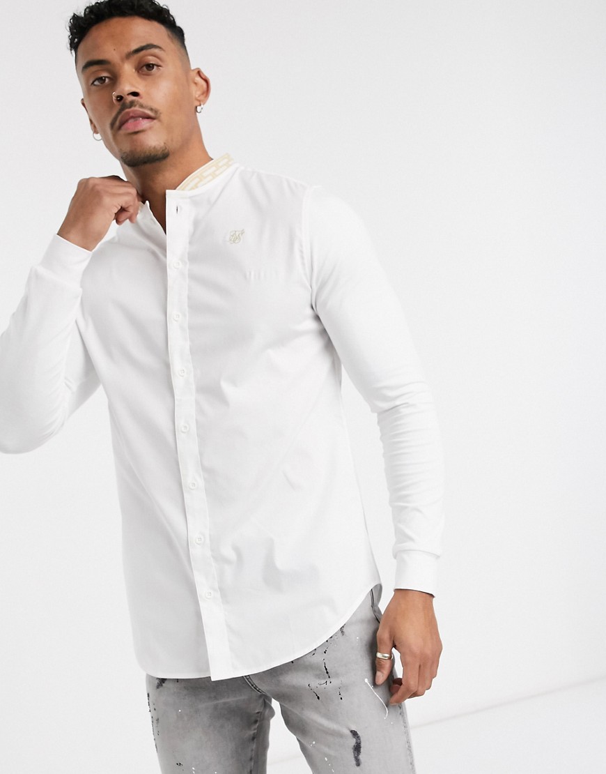 SikSilk long sleeve shirt in white with tape grandad collar