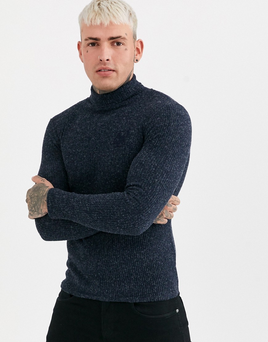 SikSilk muscle fit knitted roll neck jumper in navy