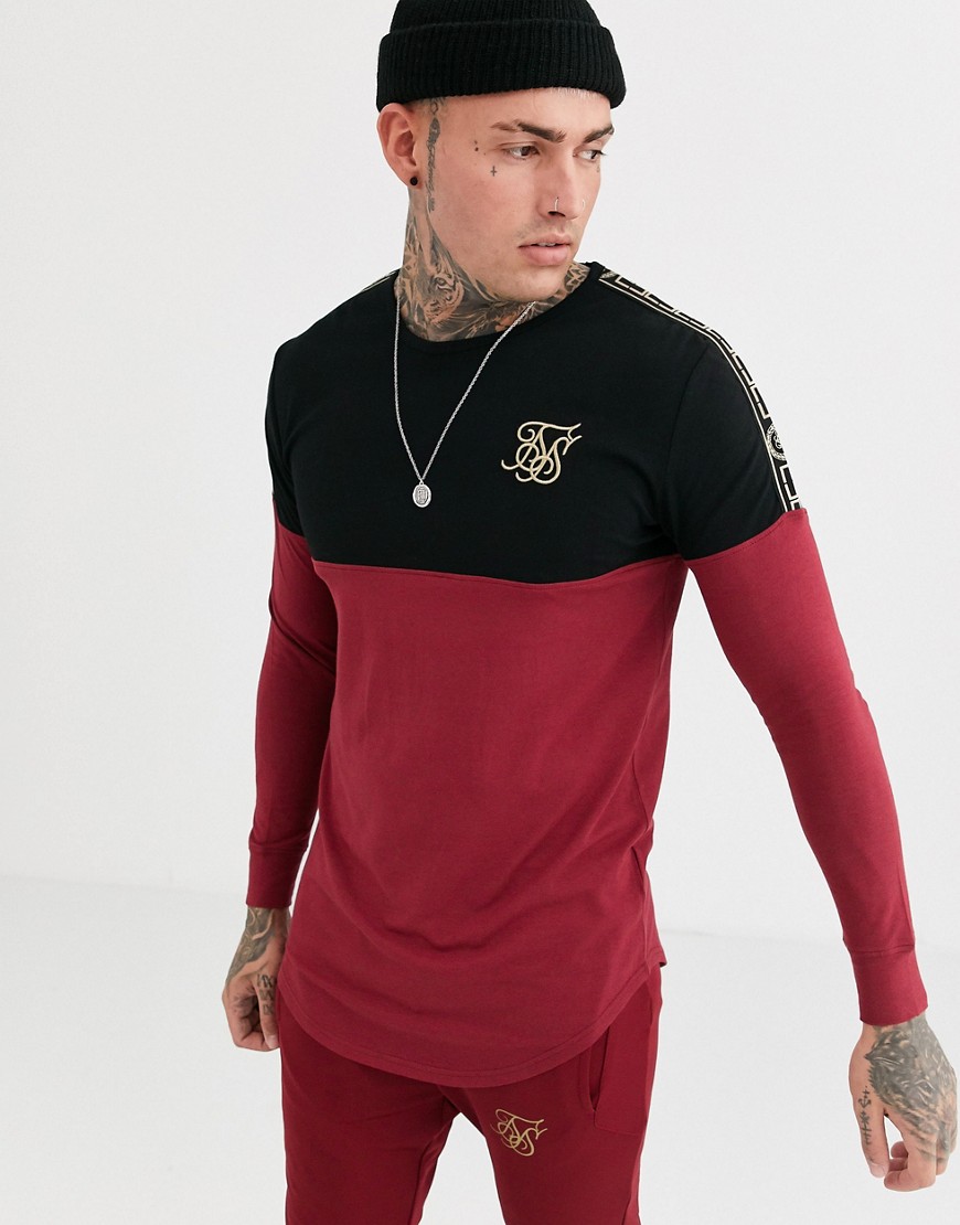 SikSilk muscle fit long sleeve t-shirt in burgundy with baroque detail-Red